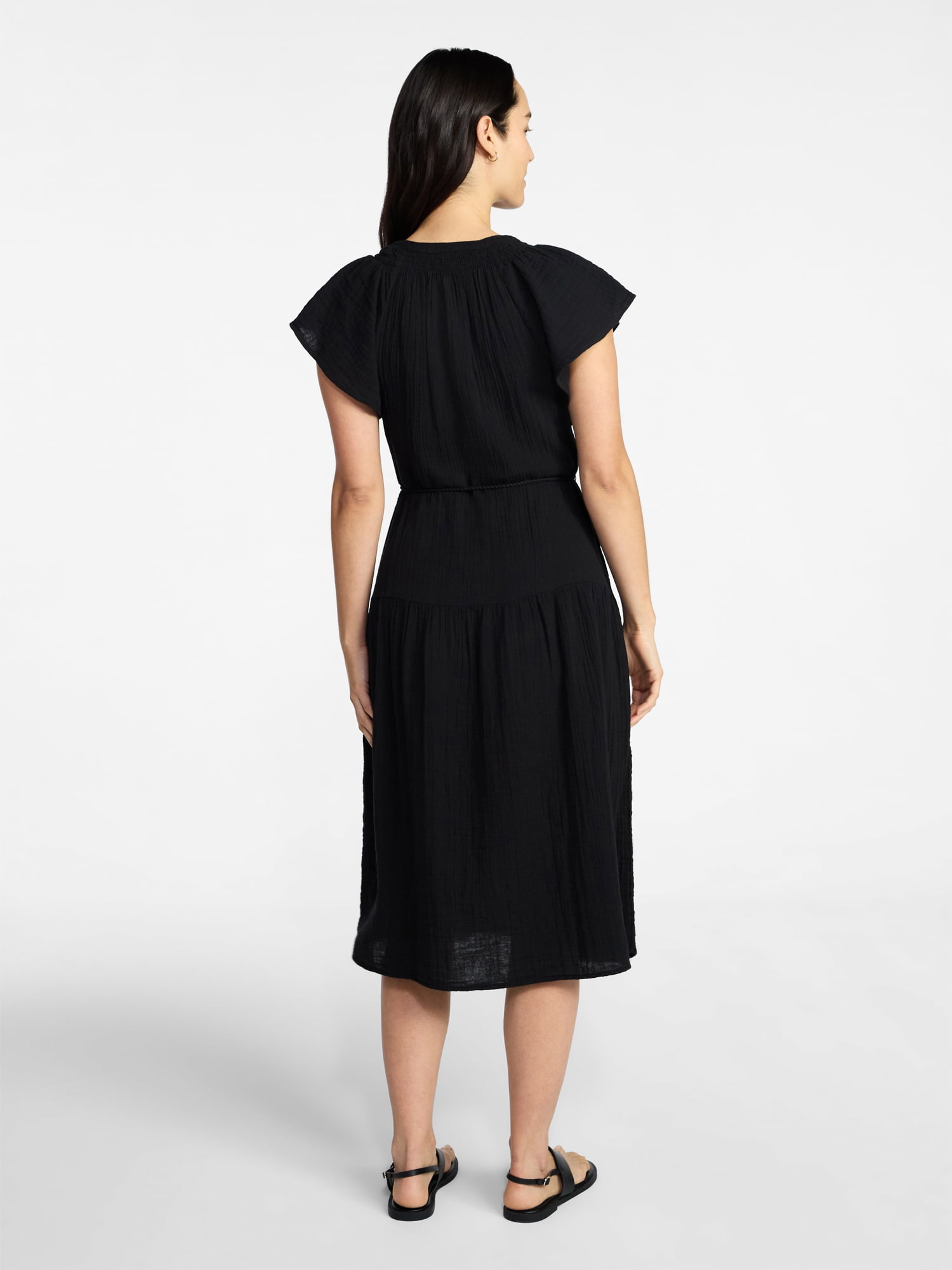 Time and Tru Women's Cotton Double Cloth Midi Dress with Short Flutter Sleeves, Sizes XS-XXXL