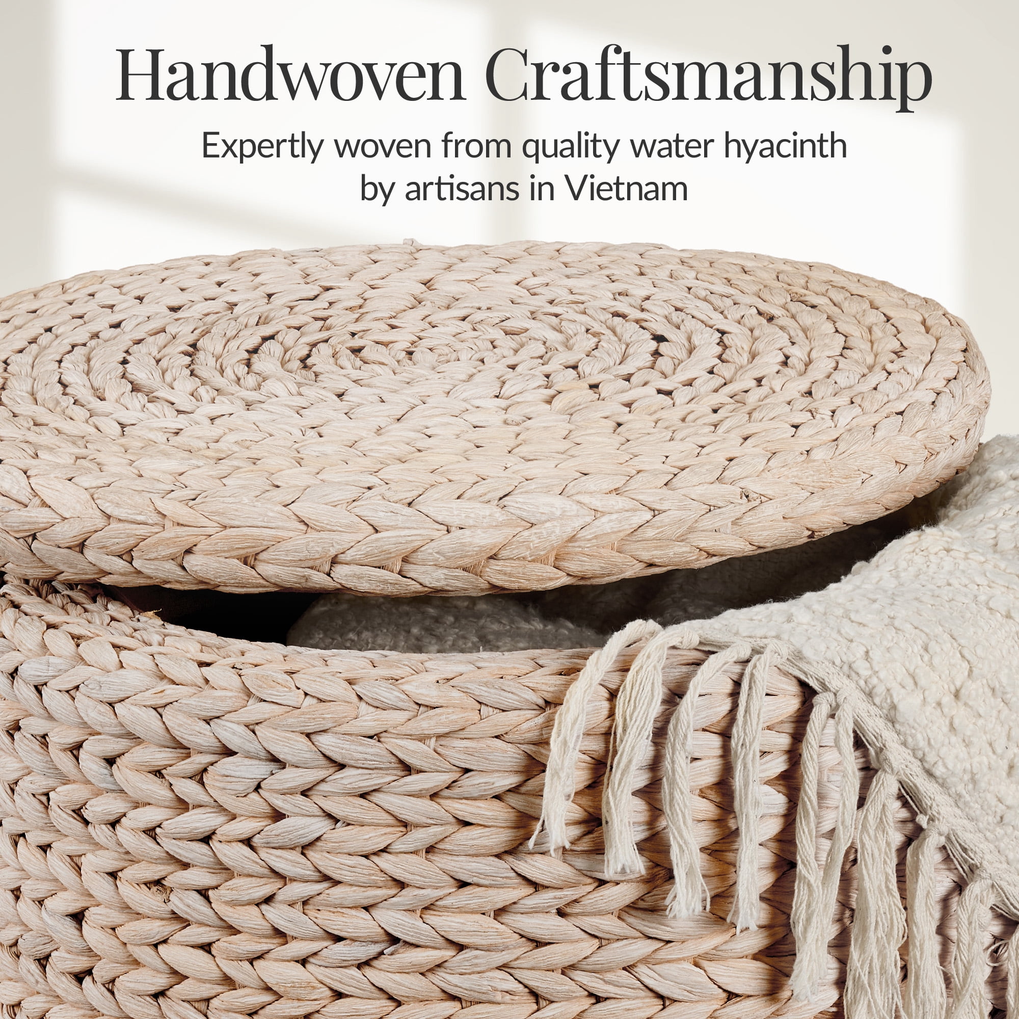 Best Choice Products 17" Round Storage Ottoman with Lid - Handwoven Water Hyacinth Modern Footstool, Whitewash