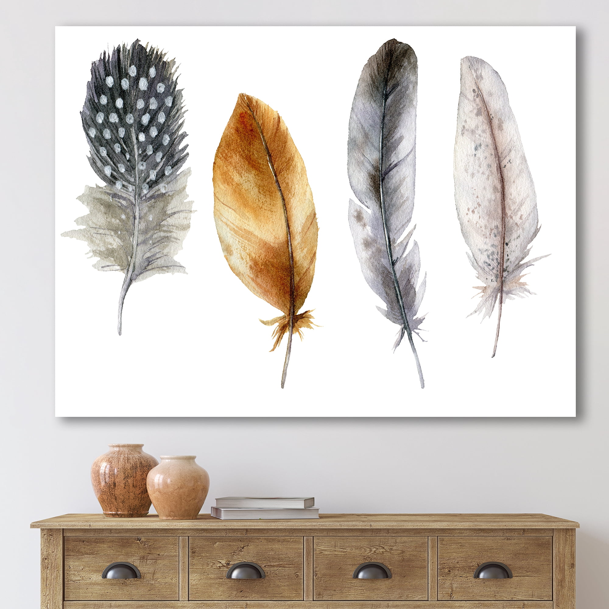 Designart ' Boho Feather In Blue and Orange Striped & Polka Dost ' Bohemian & Eclectic Canvas Wall Art Print