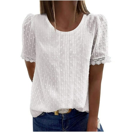 HomeGardon Women Shirts Summer Clearance! Tunic Tshirt for Women  Womens Summer Crew Neck Short Sleeve Lace Chiffon Crochet Blouses  Flowy Babydoll Dressy Casual Work Tops Light Blue S-XXL