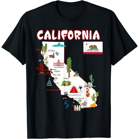 Map of California Landmarks, major cities, flag T-shirt T-Shirt mens t shirt,black,women,funny,misfits,men,journey