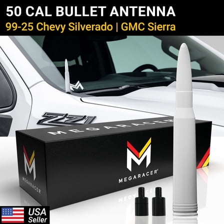 Mega Racer White 50 Cal Bullet Antenna for 1999-2025 Chevy Silverado & GMC Sierra – Short Truck Antenna Replacement