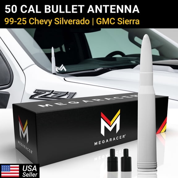 Mega Racer White 50 Cal Bullet Antenna for 1999-2025 Chevy Silverado & GMC Sierra – Short Truck Antenna Replacement