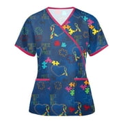 Bseka Scrubs Top Women Summer Fashion Print Nurse Uniform Tops V-Neck Short Sleeve T-Shirt Casual Tunic Blouse with Pocket