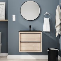 Tcbosik 24 Inch Floating Bathroom Vanity with Sink Combo, Single Sink Wall Mounted Bathroom Vanity, with 2 Drawers and Black Ceramic Basin Sink Top, Oak