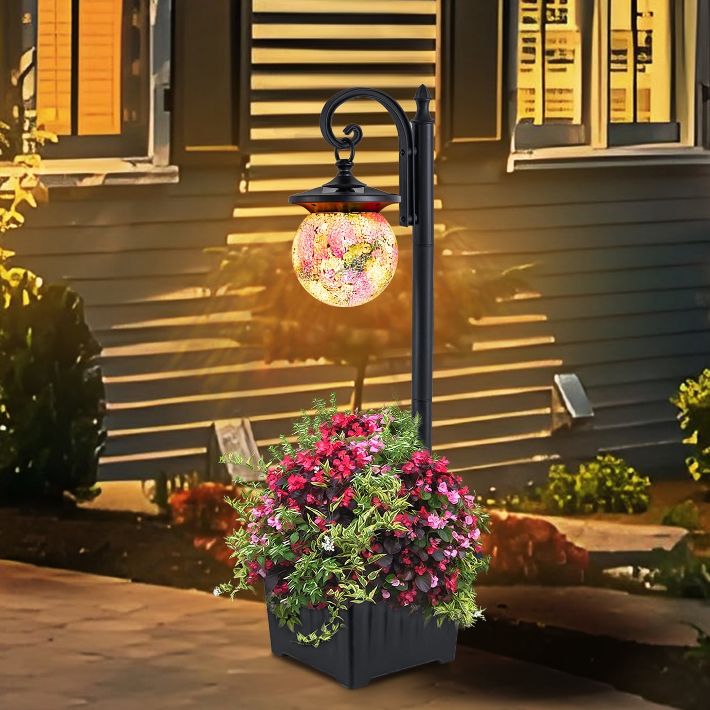 C Cattleya Solar Outdoor Post Light with Planter and Mosaic Glass Shade