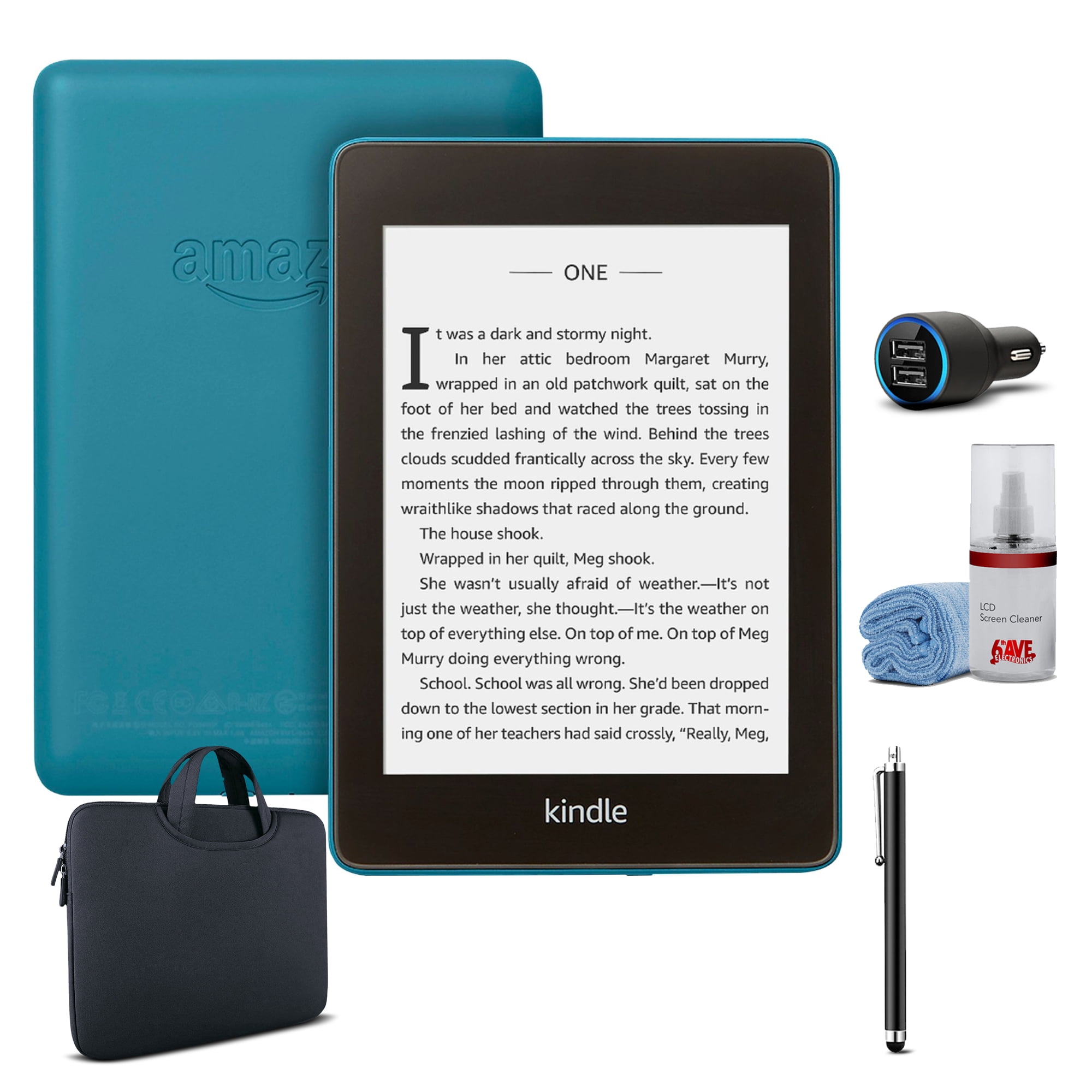 Kindle Paperwhite Essentials Bundle including Kindle Paperwhite Ad-Supported Wifi and Power Adapter Leather Cover 