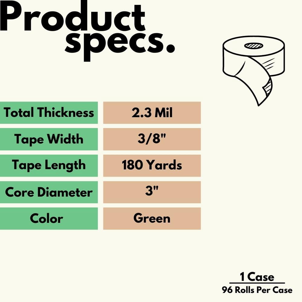 SSBM 3/8" x 180 Yards Green Poly Bag Sealing Tape 2.3 Mil Durable Packaging Tape, 96 Rolls