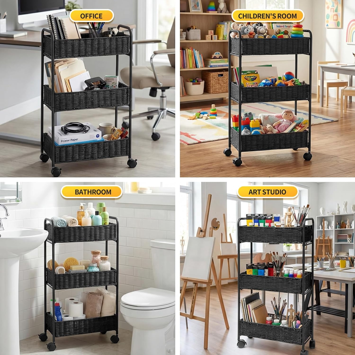 3-Tier Utility Slim Storage Cart, Rolling Kitchen Office Laundry Room Cart, Shelving Unit Organizer for Living Room,Home Office & Narrow Places