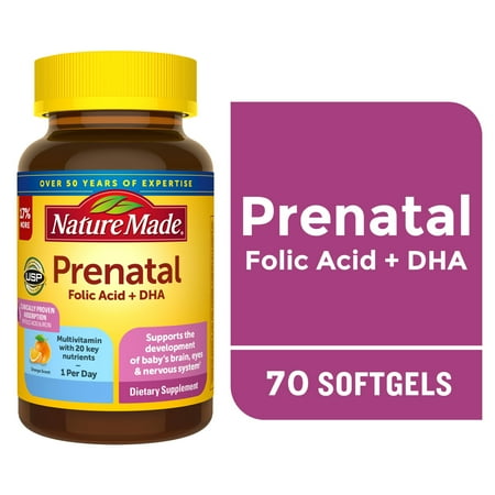 Nature Made Prenatal with Folic Acid + DHA Softgels, Prenatal Vitamin and Mineral Supplement, 70 Count