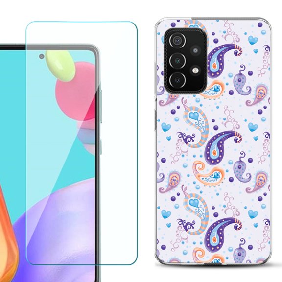 Slim-Fit Flexible Gel TPU Phone Case compatible with Samsung Galaxy A52 5G, with Tempered Glass Screen Protector, by OneToughShield ® - Paisley Purple