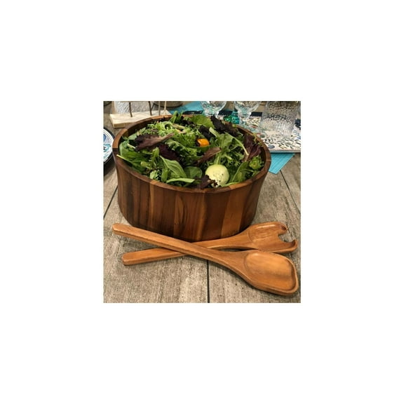 Extra Large Acacia Wood Salad Bowl Set - Handcrafted Serving Bowl with Utensils for Family Gatherings