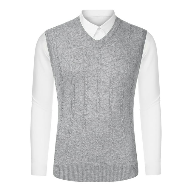 Unique Bargains Men's Sleeveless V-Neck Solid Color Cable Knitted Sweater Vest Light Gray M