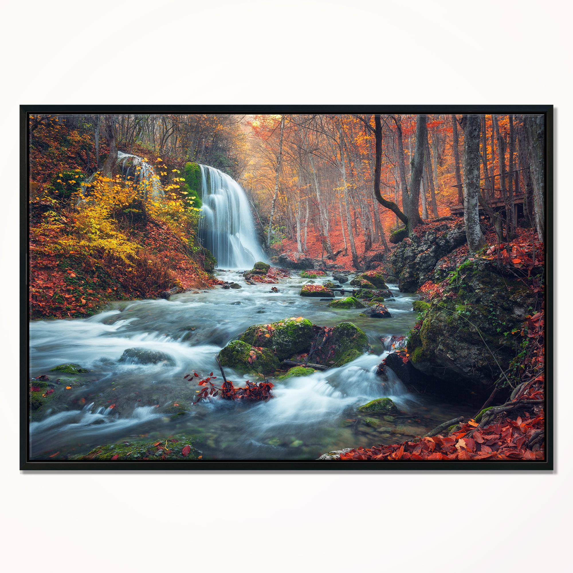 Designart ' Autumn Mountain Waterfall Long View ' Landscape Photography Framed Canvas Print