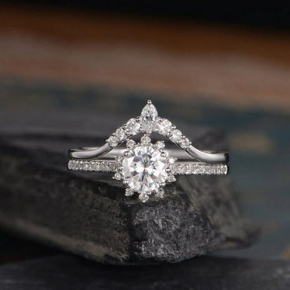 Brig Jewel Sparkling 1.8 Ct Round Cut Diamond Ring - 14K White Gold Plated Ring - Bridal Diamond Set Ring - Engagement Wedding Solitaire with Accent Rings for Her