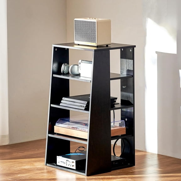 5-Tier AV Media Stand, Wooden Audio-Video Media Stand for DVD Players/Cable Boxes/Games Consoles, Height-Adjustable Media Storage Cabinet for Gaming, Recording Room, Black