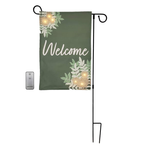 LumaBase Lighted LED Outdoor Banner with Garden Flag Stand and Remote Control - Welcome