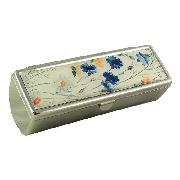 Houder Estuche para pintalabios con espejo para bolso, soporte decorativo para pintalabios con caja de regalo, forro de terciopelo, protege tus pintalabios con estilo (flores azules)