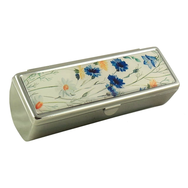 Houder Estuche para pintalabios con espejo para bolso, soporte decorativo para pintalabios con caja de regalo, forro de terciopelo, protege tus pintalabios con estilo (flores azules)