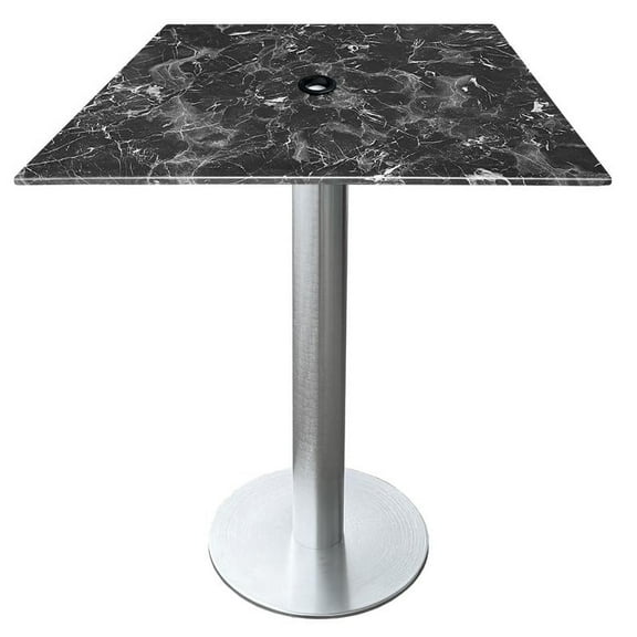 Indoor/Outdoor 42" Tall OD219 Brushed Aluminum Table Base with 18" Diameter foot and 32" x 32" Square Indoor/Outdoor Black Marble Top with Umbrella Hole