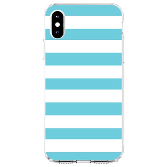 DistinctInk Clear Shockproof Hybrid Case for iPhone XS Max (6.5" Screen) - TPU Bumper, Acrylic Back, Tempered Glass Screen Protector - Blue & White Bold Horizontal Stripes