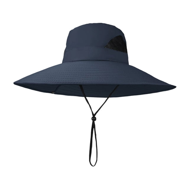Sombrero tipo pescador de malla transpirable con ala ancha y ajuste regulable, protección UV, ideal para actividades al aire libre y plegable.