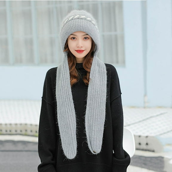 Idoravan Womens Winter Beanie Hat Scarf Set Integrated Ear Protection Windproof Cap Scarf 2 In 1 Winter Warm Knitted Hat Scarf Gray