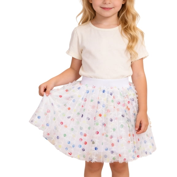 FINALGANG Girls Carnival Skirt Kids Multicolor Polka Dot Print Tulle Skirt Elastic Waist Flared Mini Skirt For Holiday Party Daily Dress Up
