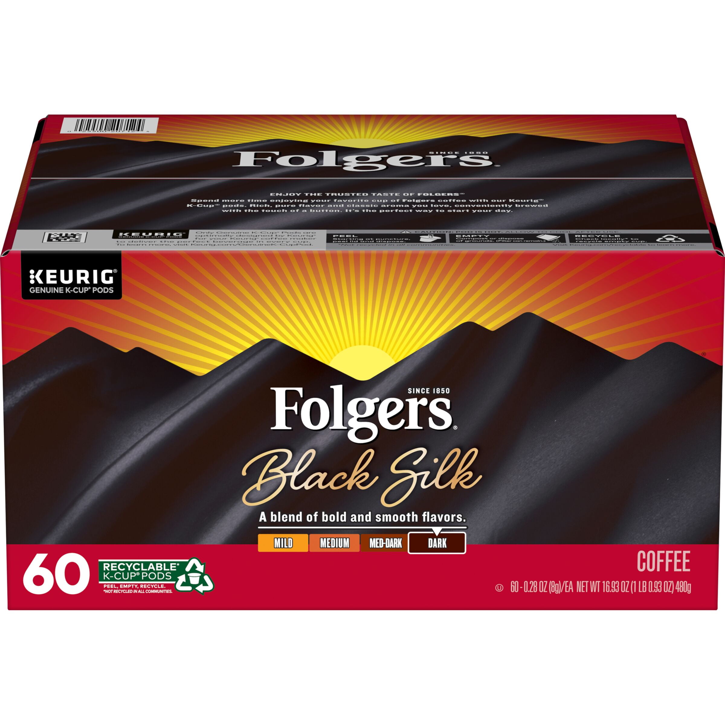 Folgers Black Silk Dark Roast Coffee, 60 Keurig K-Cup Pods