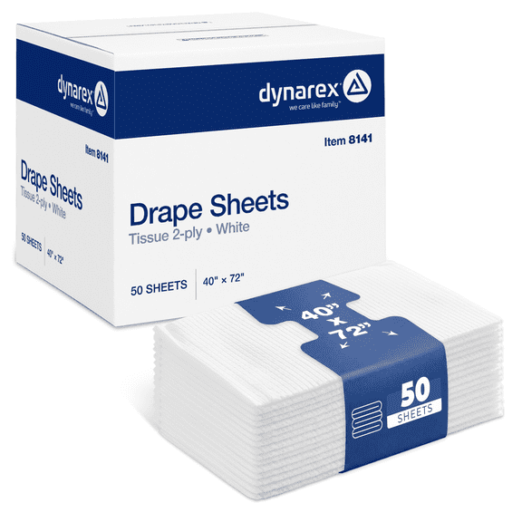 Dynarex Disposable Drape Sheets - 40" x 72" (Case of 50), White, 2-Ply Tissue Paper for Patient Privacy, Exams, and Procedures