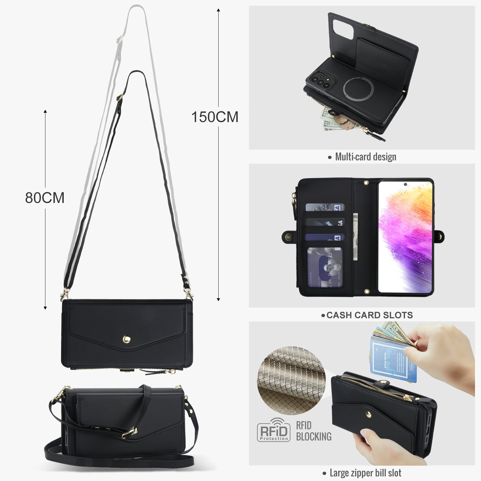 Designed for Samsung Galaxy A14 5G Multi-Function Wallet Phone Case,With Shoulder Strap&Wrist Strap,Cash Pocket&Card Slots,Zipper Purse,Magnetic Detachable PU Leather Flip Phone Case,Black
