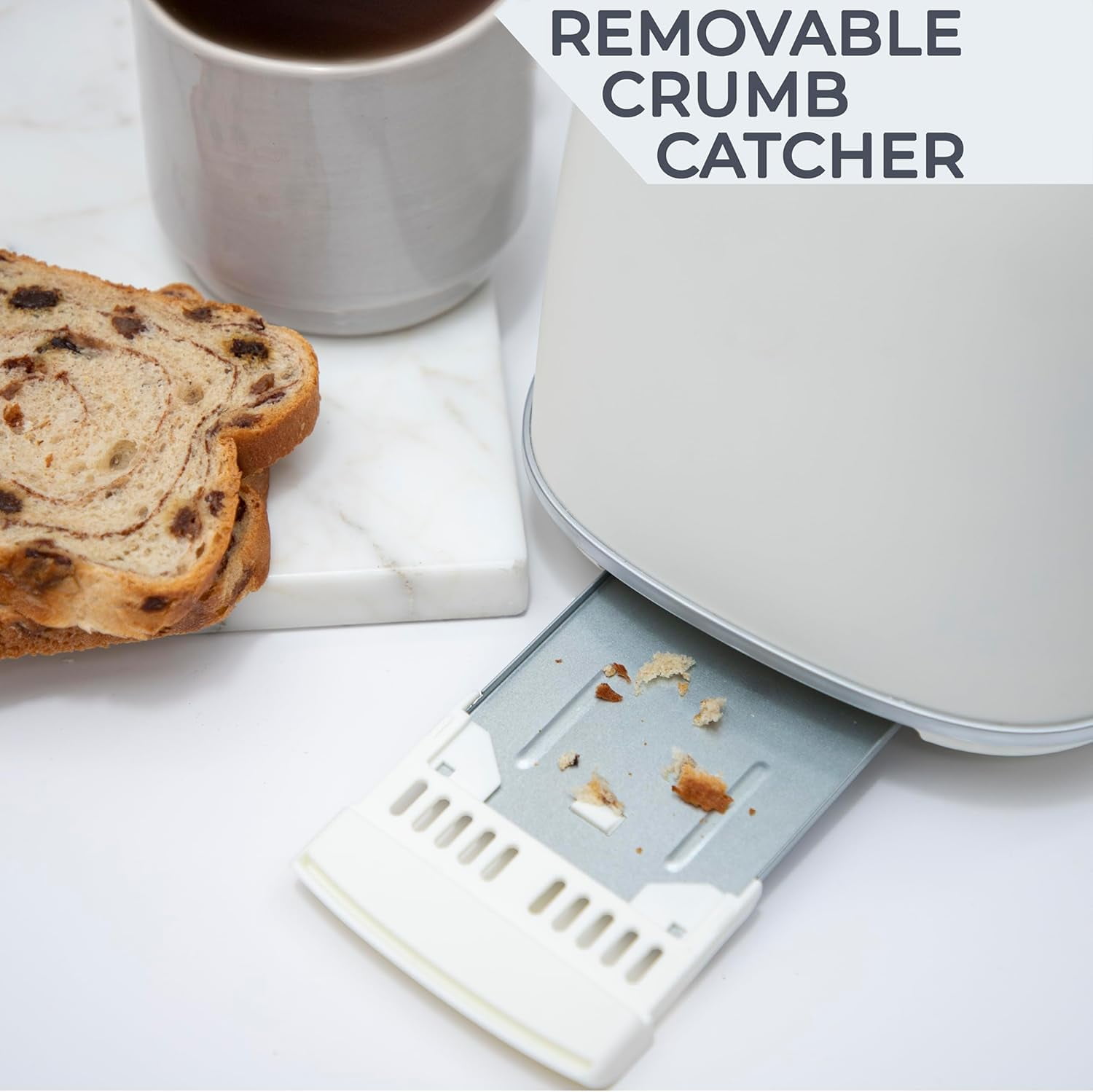 COOK WITH COLOR Retro Rounded 2 Slice Toaster, Stainless Steel Toaster with Wide Slots and 6 Browning Levels, White