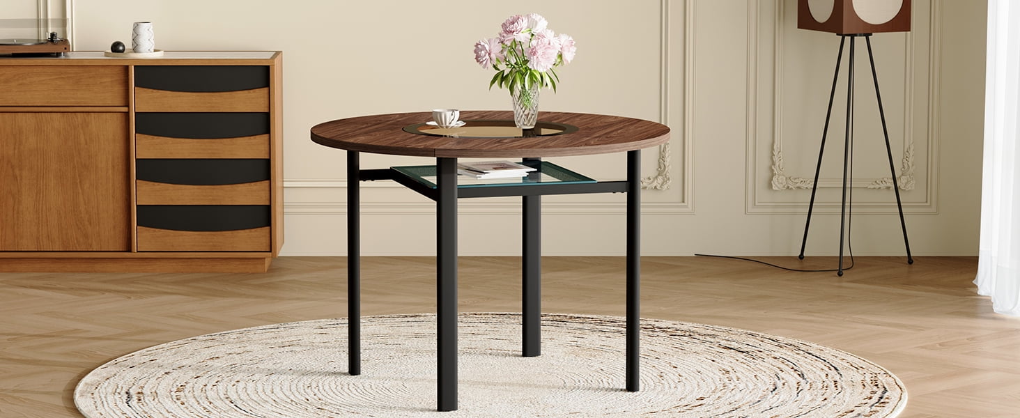 Mintazer 42 Inch Modern Wood Grain Round Dining Table with Tempered Glass Inlay and Storage Shelf, Minimalist Kitchen Table for 4-6 People, Walnut