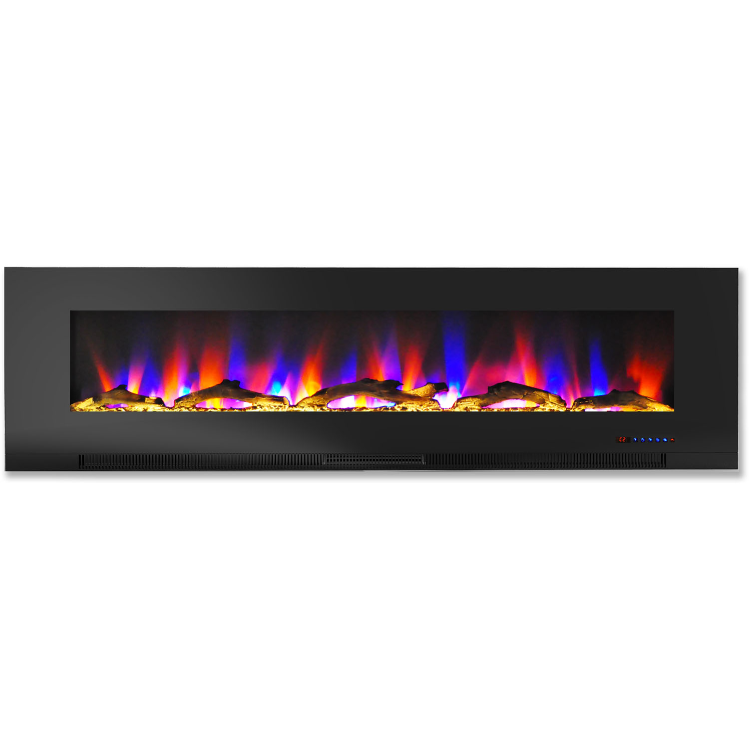 Hanover 60 In. Wall-Mount Electric Fireplace in Black with Multi-Color Flames and Driftwood Log Display