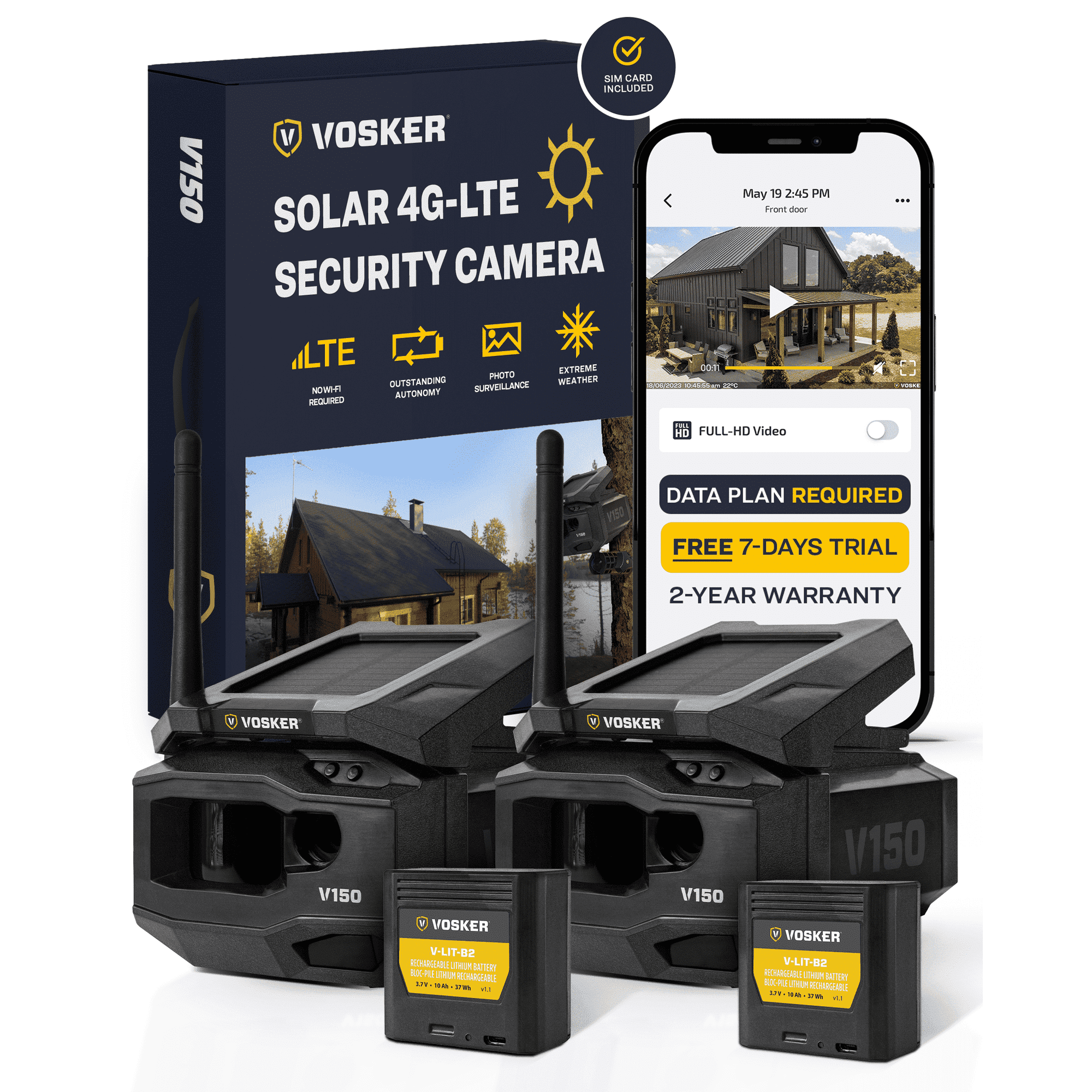 Vosker V150 Outdoor Cellular Security Camera, Solar Powered, Night Vision, Motion Detection, Wireless, 2 Pack