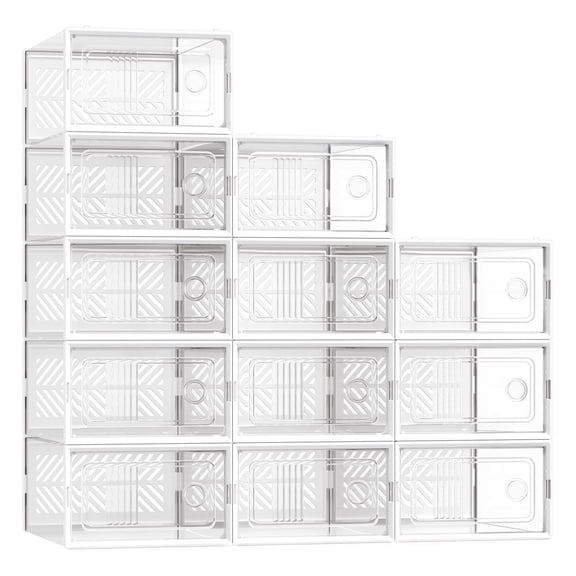 SONGMICS Stackable Shoe Boxes, Foldable Shoe Storage Organizers, Ventilated, for Max. Men's Shoes US Size 9 or Women's Shoes US Size 11, Sneakers, Set of 12, Transparent and White