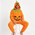 thumbnail image 4 of Virmaxy Halloween Costume Halloween Pumpkin Onesie Costume Pajamas Full Zip Hooded Jumpsuit with Green Collar and Novelty Face for Party Loungewear Orange, 4 of 5