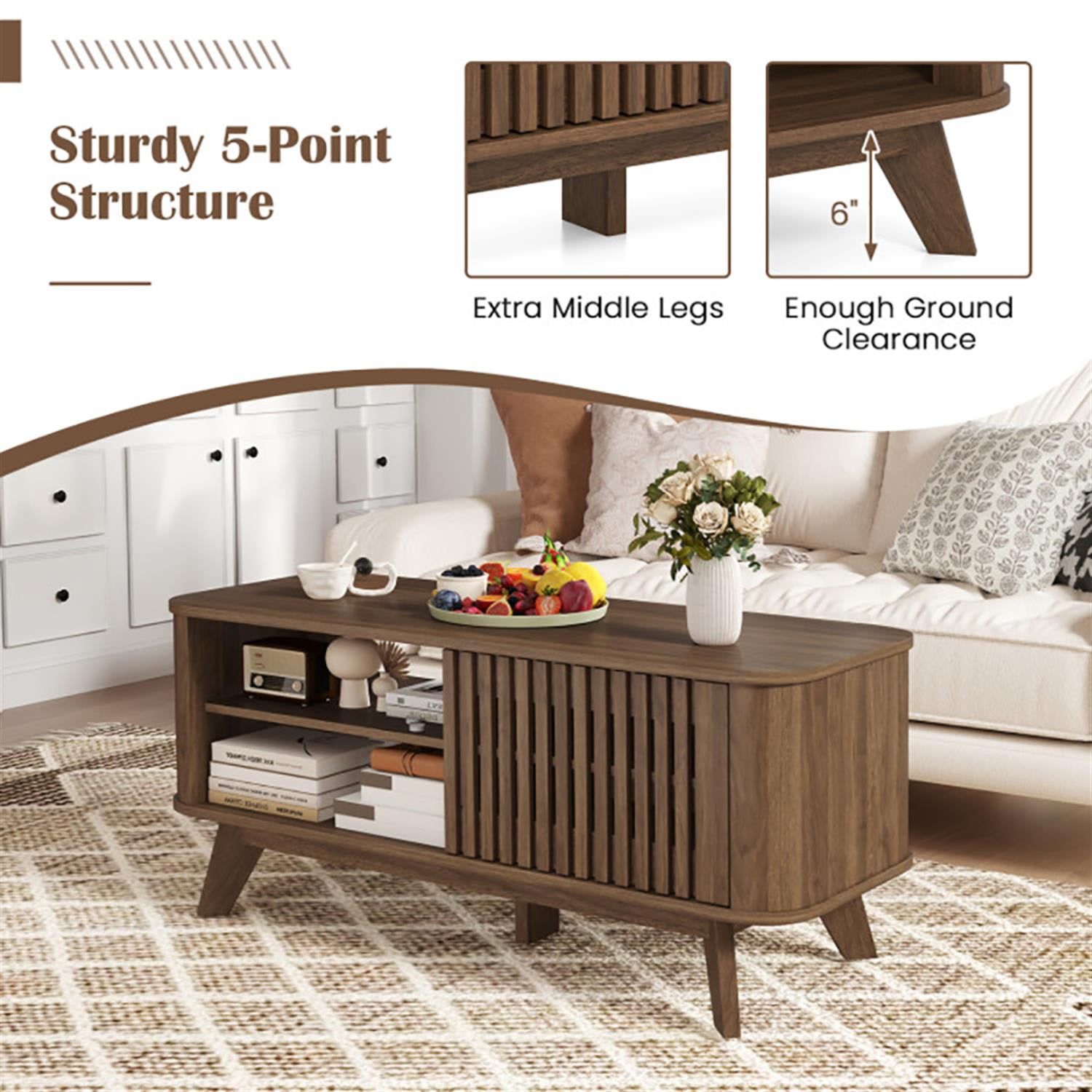 Demi Bonn Rectangular Glass Coffee Table, Dining Center Tables with Storage and Adjustable Shelves for Living Room, Bedroom, Office and Balcony, Brown