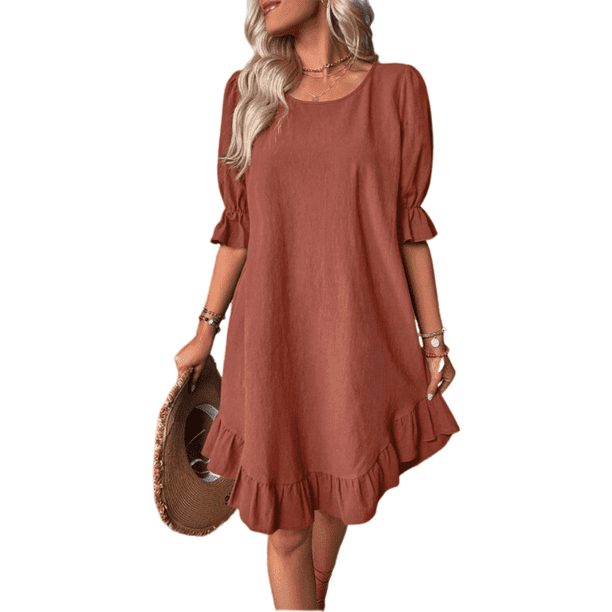 Vestido Corto Holgado con Mangas Abullonadas, Bajo con Volantes, Cuello Redondo, Fruncido, Bordado Rojo XL