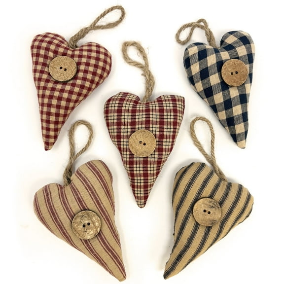Marilee Home Homespun Plaid Striped Fabric Primitive Heart Christmas Ornaments Valentine Decor- Set of 5