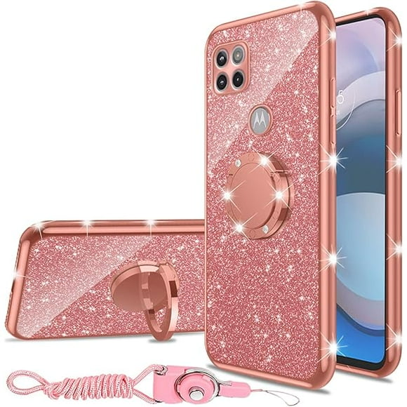 wonima11 for Moto One 5G Ace (One 5G UW Ace) Case, Case for Girls Women Glitter Cute Soft Cover with Ring Kickstand Shockproof Protective Phone Case for Motorola G 5G (2020) 6.7" - Rose Gold