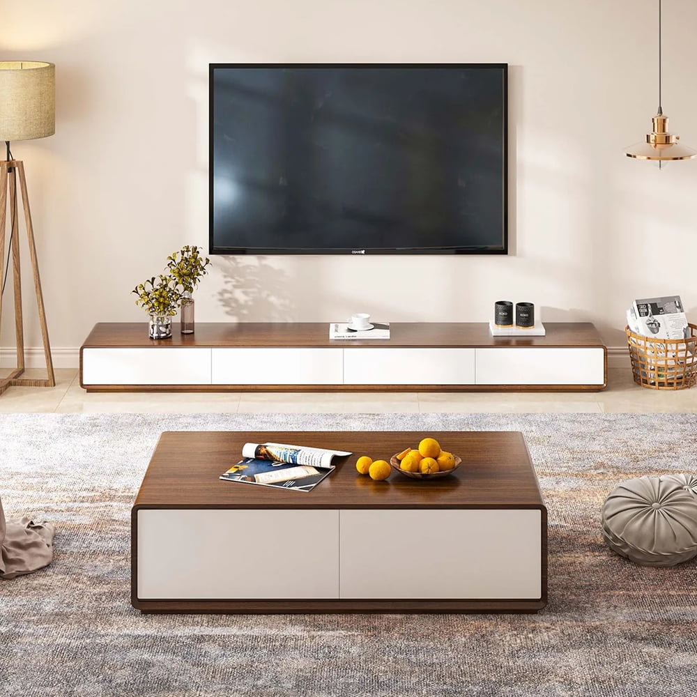 POVISON Modern Rectangular Coffee Table, Wood Coffee Table with Storage, 4 Solid Wood Drawers, Fully-Assembled, 51", Walnut White