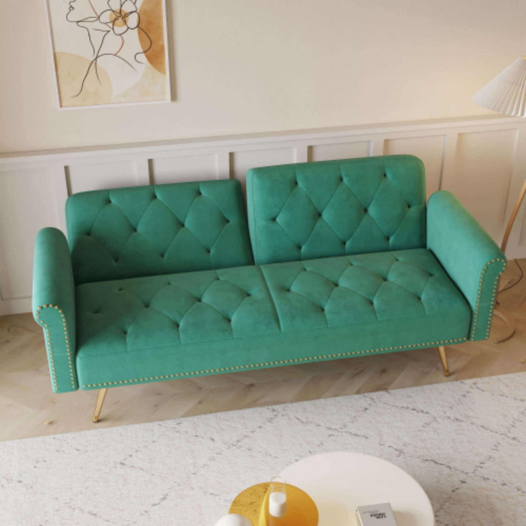 Velvet Sofa Bed, 69.7" Convertible Sleeper Sofa with Nailhead Trim & Pillow for Living Room Bedroom, Green