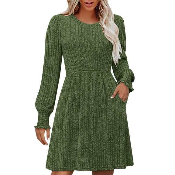 Busydd Womens Dresses Casual Comfortable Solid Color Knit Ribbed Fall Dresses for Women Casual Round Neck Long Sleeve Dress for Women with Pocket L