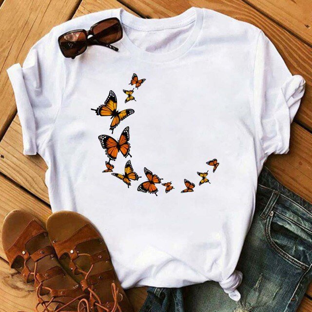 T-shirt Femme Imprimé Mode Fleur Papillon Manches Courtes Décontracté Haut Graphique
