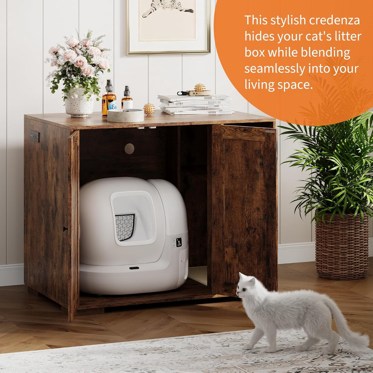 Extra-Large Cat Litter Box Cabinet with Scratch Pad – Dog-Proof Enclosure with Outlet, Large Automatic Litter Box Furniture and Storage for Cat Essentials