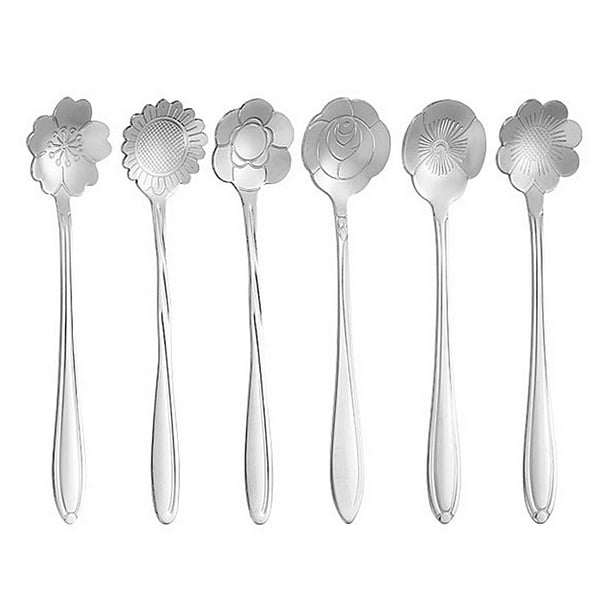 Juego de 6 cucharas de flores, cucharaditas de café, vajilla de acero inoxidable, cuchara de azúcar creativa, cuchara de té, barra para revolver, cuchara para agitar, 6 patrones diferentes