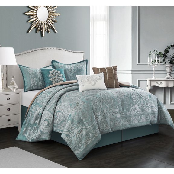 Lanco Mindy Paisley 7-Piece California King Comforter Set, Blue, Jacquard Bedding, 100% Polyester Fill