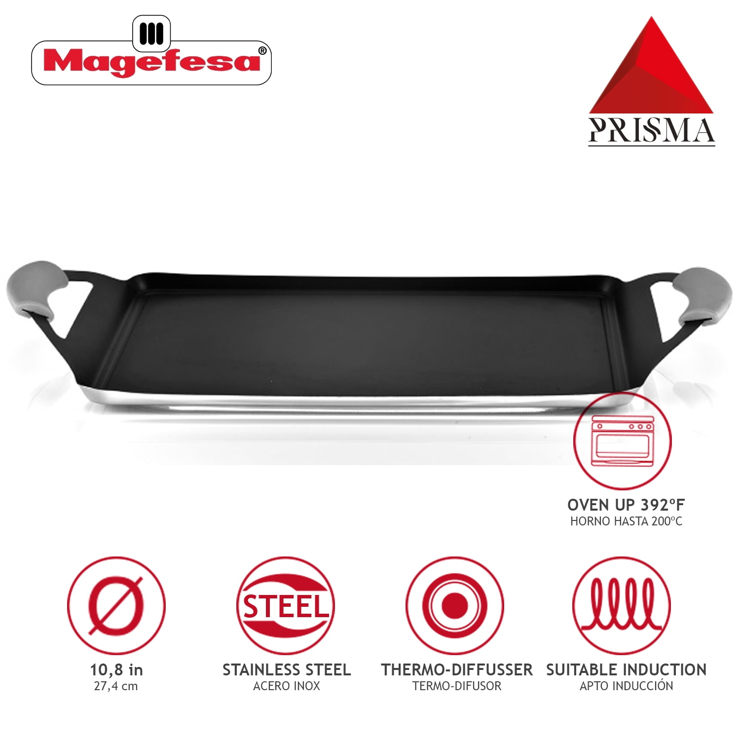 Magefesa Prisma Stainless Steel Non-Stick Griddle Pan, 10.6" x 8.3", Induction Compatible, Dishwasher Safe