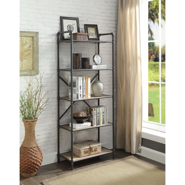 FiveTier Metal Bookshelf With Wooden Shelves, Oak Brown & Gray